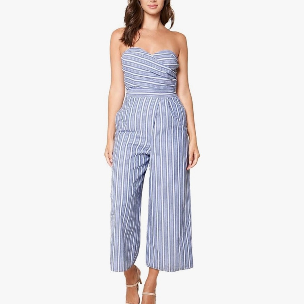 Sugar Lips Women’s Cleo Blue Striped Strapless Jumpsuit Size Small stuck zipper